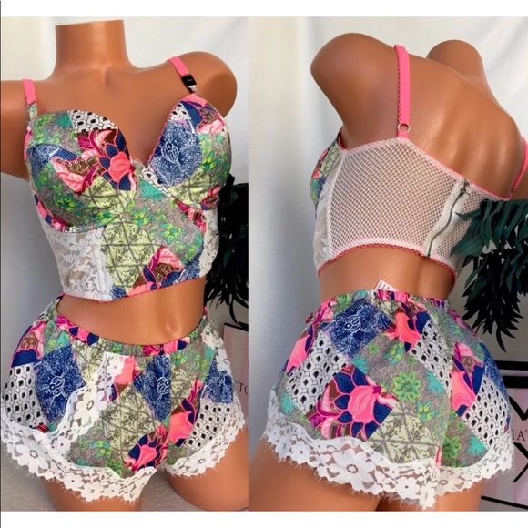 Vs 34dd L LONGLINE BOHO LINED DEMI BRA SET SHORTS